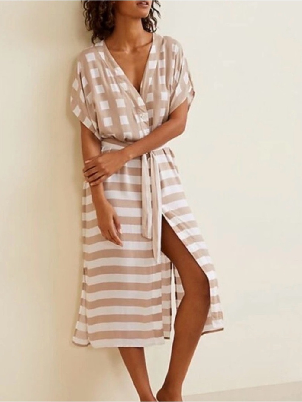 Garnet Hill XL Dress Beige White Check Stripe Belted Midi Swim Cover Lagenlook